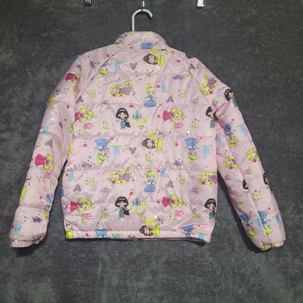 Disney Princess Pink Puffer Jacket Girls Size 5/6 Chibi Jasmine Belle Cinderella